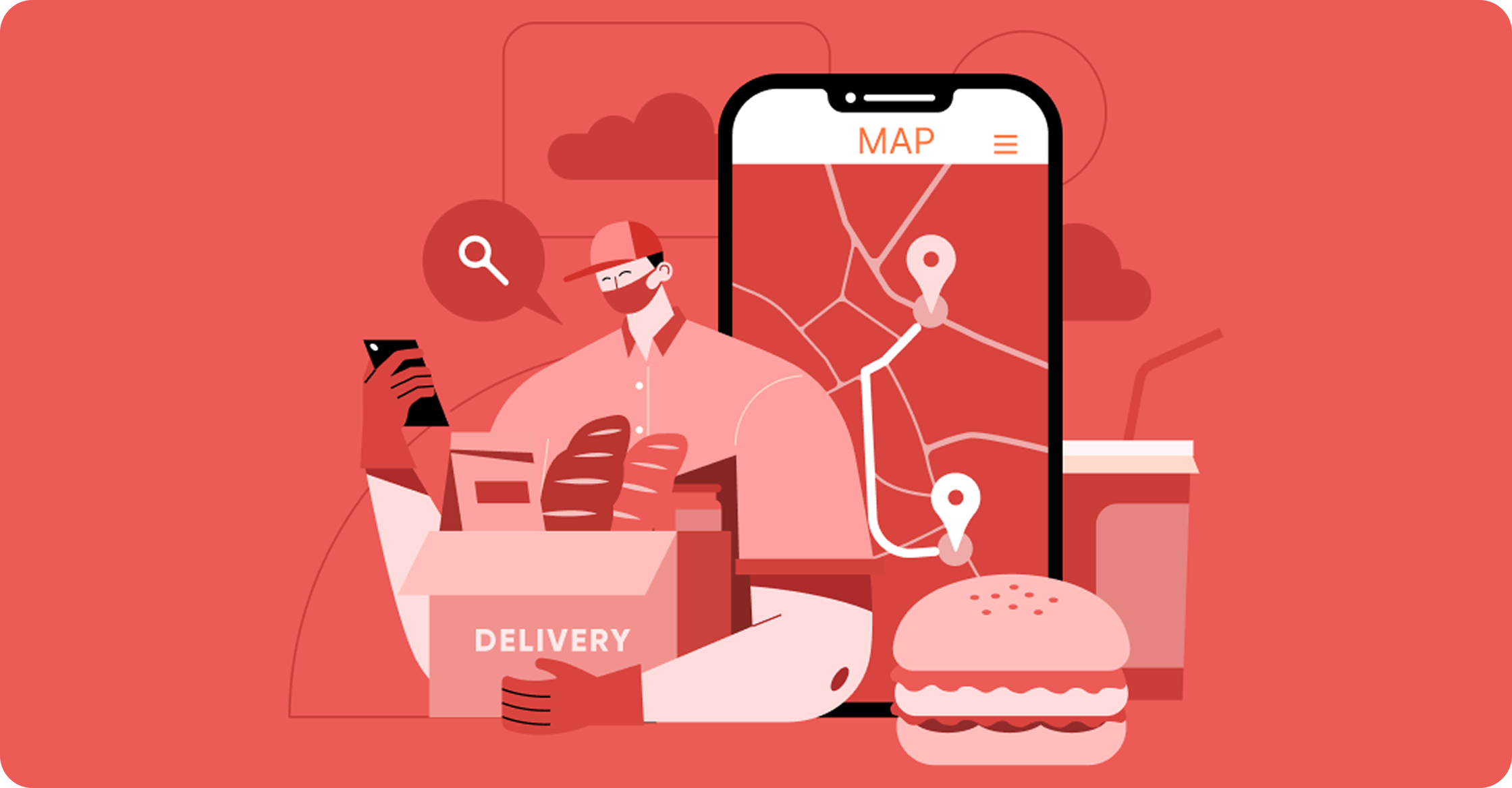 Food delivery map and courier illustration