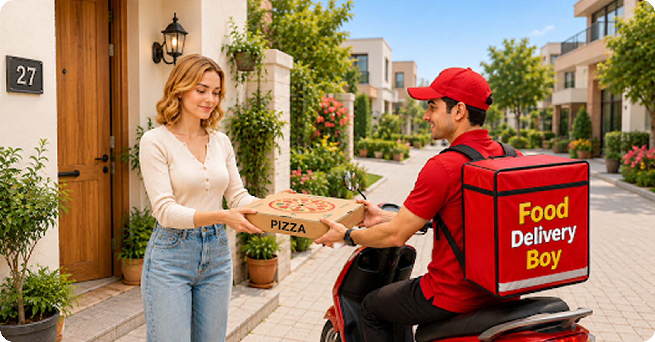 Food delivery courier handing pizza to a customer