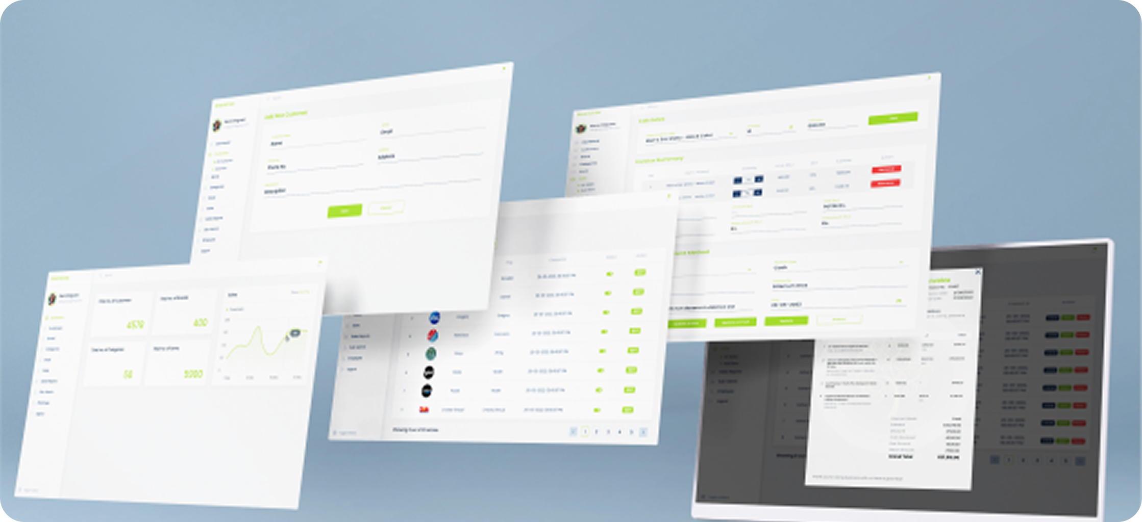 Greenstraw CRM workflow screens and invoice interface