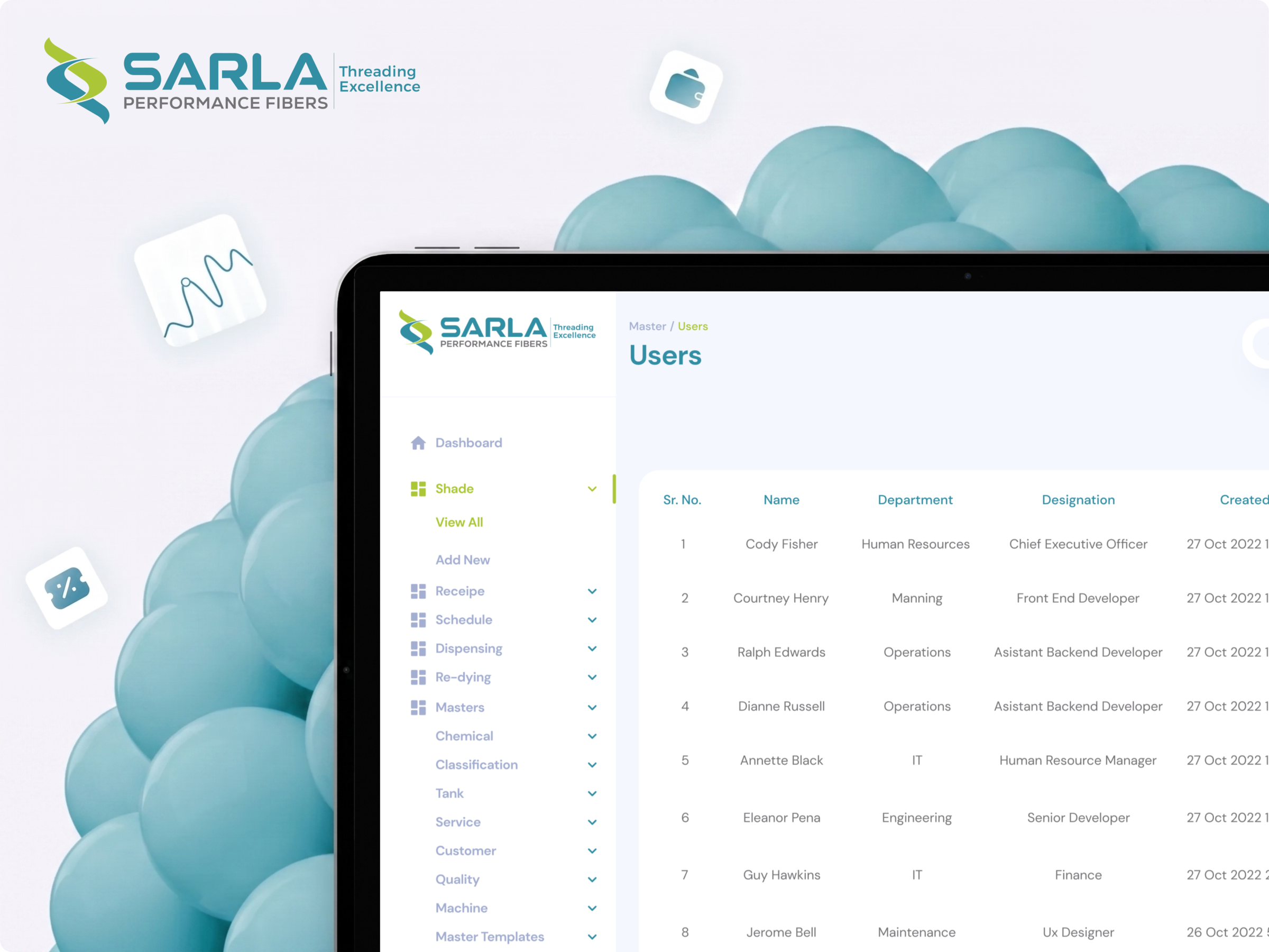 Sarla textile ERP user management dashboard