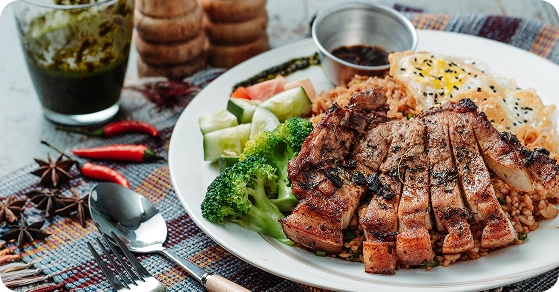 Balanced home-style meal with vegetables and grilled protein